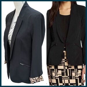 Daniel Rainn Black Zipper Pockets Hook/Eye Closure Leopard Lined Blazer (S)